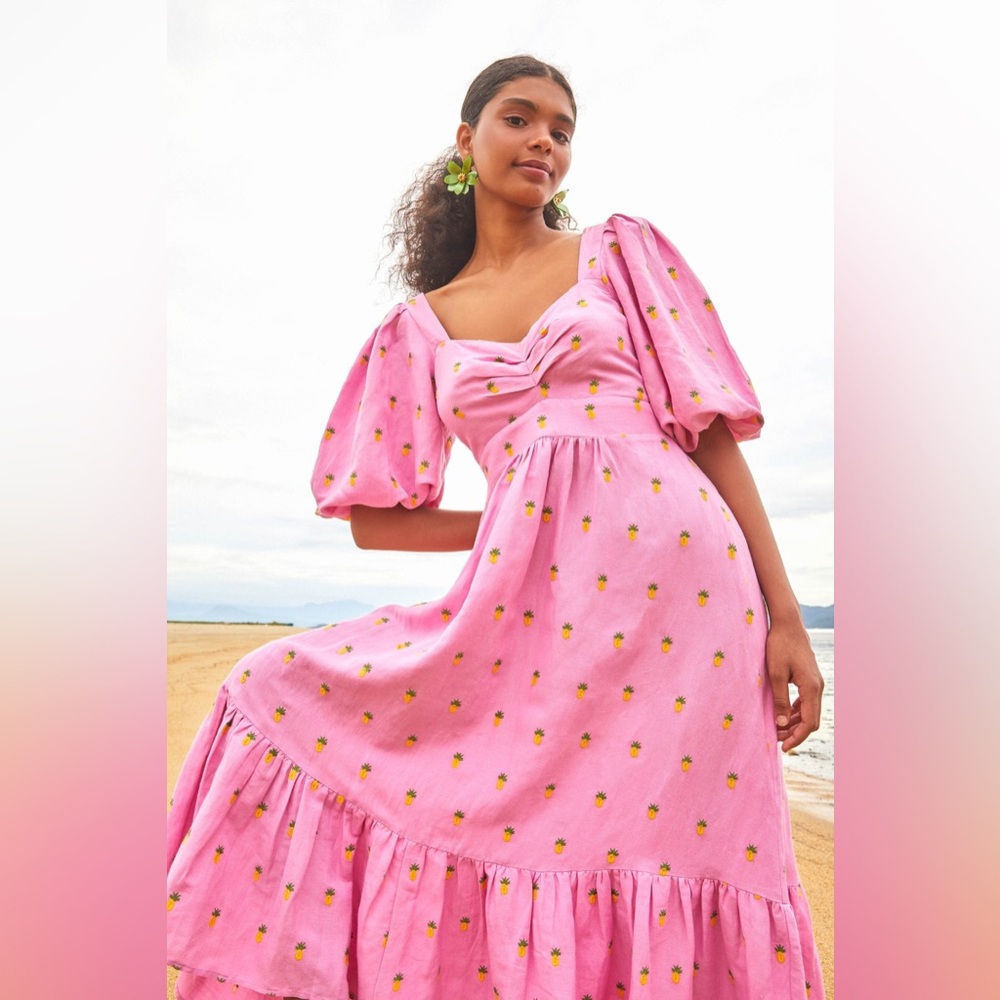 Farm Rio Pink Embroidered Pineapples Puff Sleeve Mdii Dress Size Medium